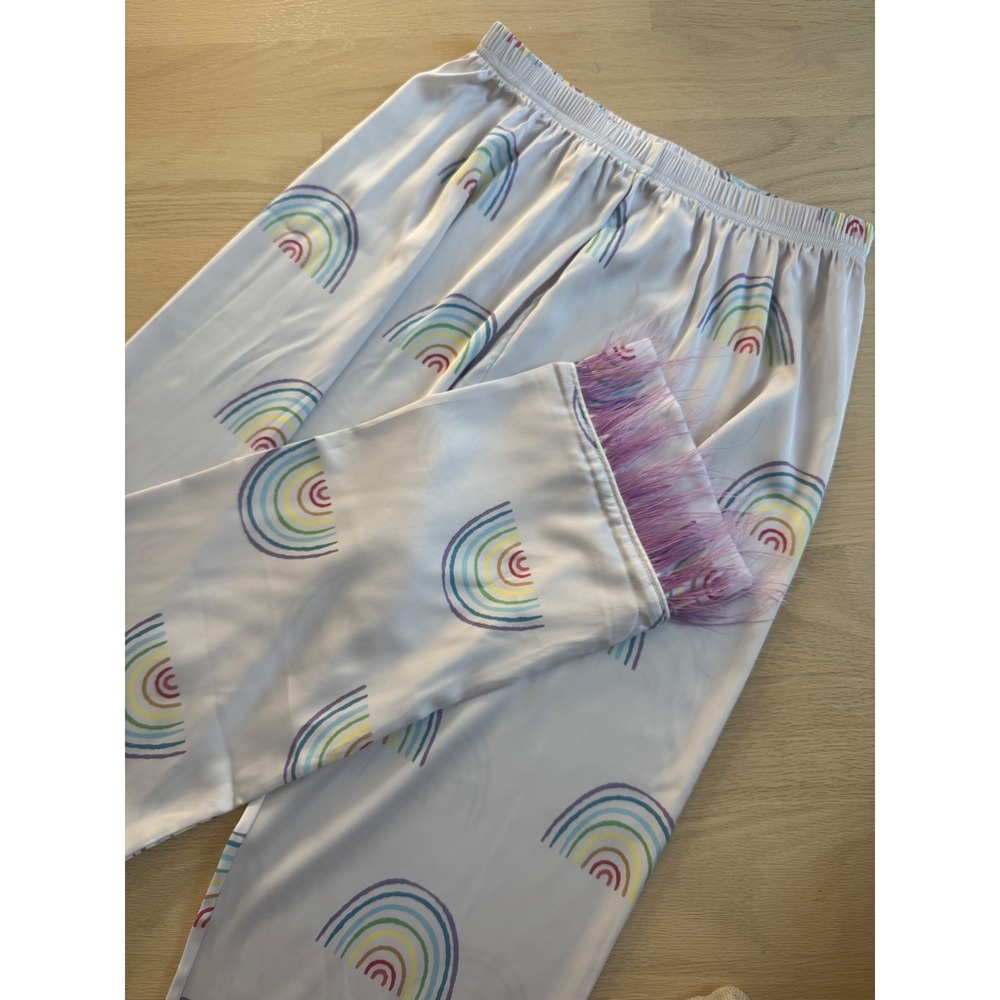 Lola + The Boys Rainbow Satin Pants with Purple Feather Trim Large